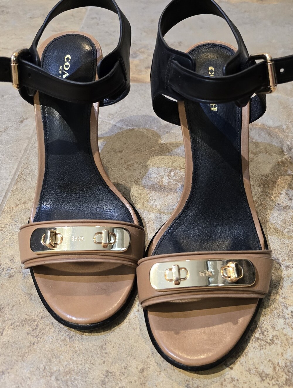 Coach Two-Tone Black & Tan Leather Ankle-Strap Sandals with Gold Hardware